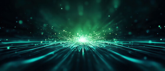 Abstract glowing particles in a dynamic green landscape