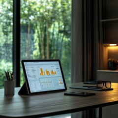 Minimalist Workspace with Tablet and Data Display