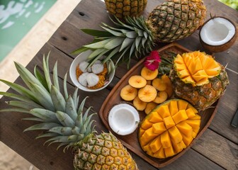 Aerial View of Tropical Fruit Spread: Vibrant Colors and Textures for Food Photography