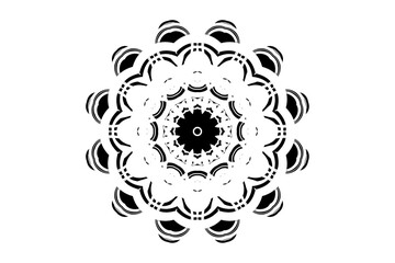 Geometric mandala artwork featuring a central star, concentric circles, and dark symmetrical lines

