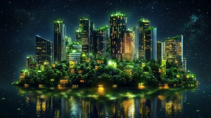 Fototapeta premium An island with a modern city with skyscrapers and lush forests