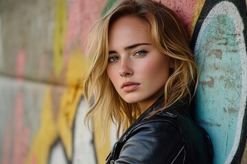 Obraz premium A young Eastern European woman with green eyes, wearing a modern leather jacket, leaning against a graffiti-covered wall, urban setting 2