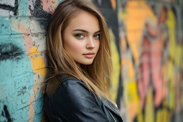 Obraz premium A young Eastern European woman with green eyes, wearing a modern leather jacket, leaning against a graffiti-covered wall, urban setting 1