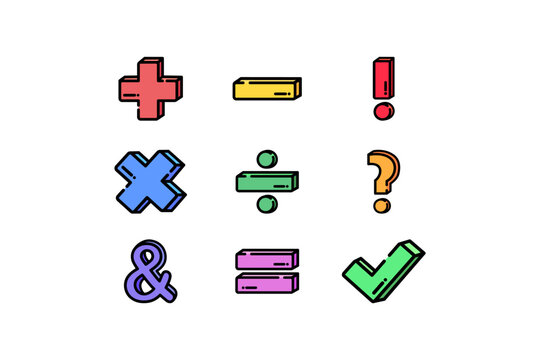 Colorful math symbol sign set. Education, school learning, mathematic concept. Colored outline vector design isolated illustration.