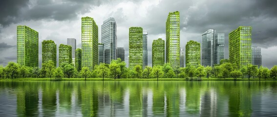 Fototapeta premium A tranquil lake reflects a futuristic vision of a green city with modern buildings