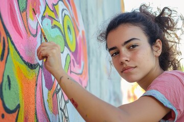 Fototapeta premium A young Brazilian woman with a paintbrush, creating street art on a wall, artistic expression, daylight 3