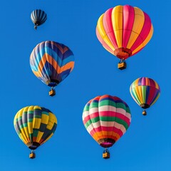 Fototapeta premium Vibrant Hot Air Balloons Floating Against a Clear Blue Sky in a Dynamic Display of Colors and Patterns
