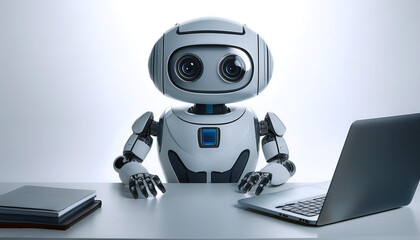 AI robot holding a laptop floating or flying isolated white background