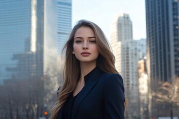 A young American woman in a business suit, walking confidently in a modern cityscape, skyscrapers in background 4