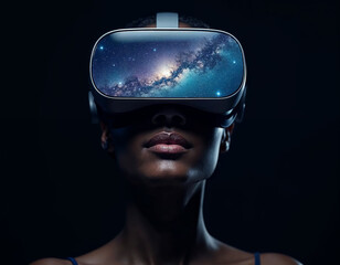 a woman wearing a virtual reality headset with the galaxy visible on the screen on a dark background