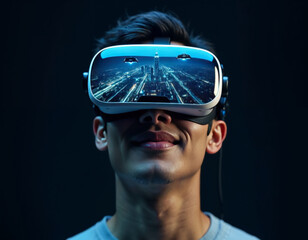 a man wearing a virtual reality headset with a futuristic cityscape is shown on the screen