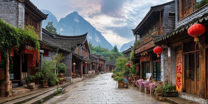 Peaceful ancient street in a Chinese village nestled within lush mountain landscape at serene dusk. - Powered by Adobe