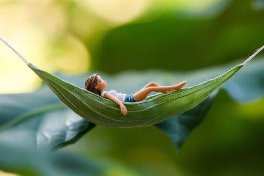A tiny person lying on a giant leaf, relaxing as if on a hammock, soft natural lighting 3
