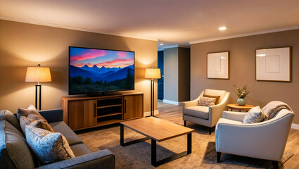 Fototapeta premium Contemporary living room design featuring sleek furniture, a mounted television, and harmonious neutral color tones