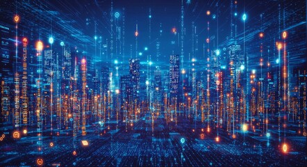 Naklejka premium This blue digital cityscape background represents futuristic urban development or technology, and features glowing lines and shapes.