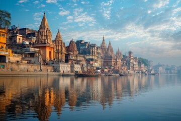Fototapeta premium Varanasi's majestic temples overlook the riverbank, displaying an impressive panorama of spirituality and history.