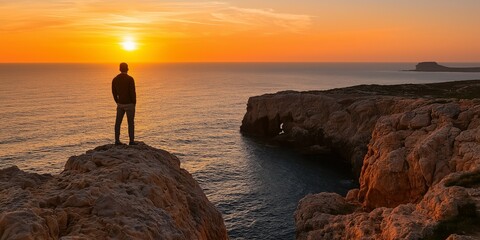 A silhouette of a man stands on a cliff, overlooking a vast ocean and sunset, embodying freedom and contemplation.