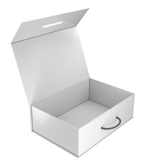 Blank open cardboard case box mock-up with flip top and handle. 3d illustration isolated on white