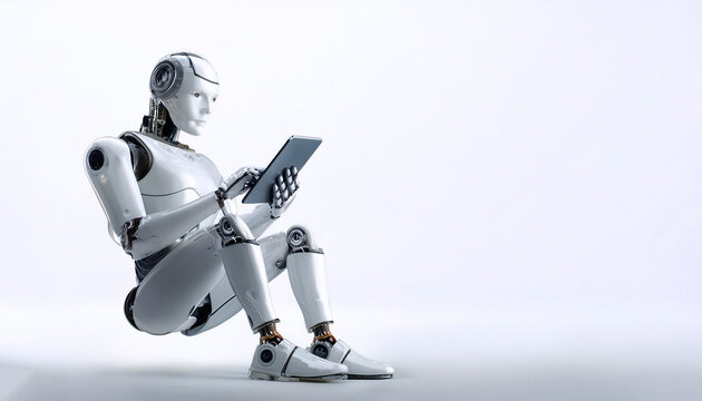 AI robot using tablet while sitting floating or flying isolated white background