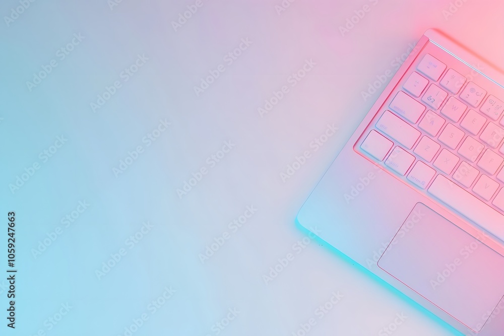 Poster a sleek laptop keyboard on a softly illuminated surface with gradient colors.