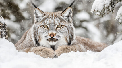 Fototapeta premium A Canadian lynx is hiding in the forest. It's sitting and looking right at the camera. The photo was taken in Whitehorse, Yukon, Canada.