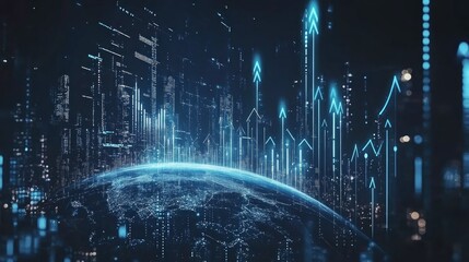 A futuristic digital globe with blue glowing arrows pointing upwards, representing global growth and progress.