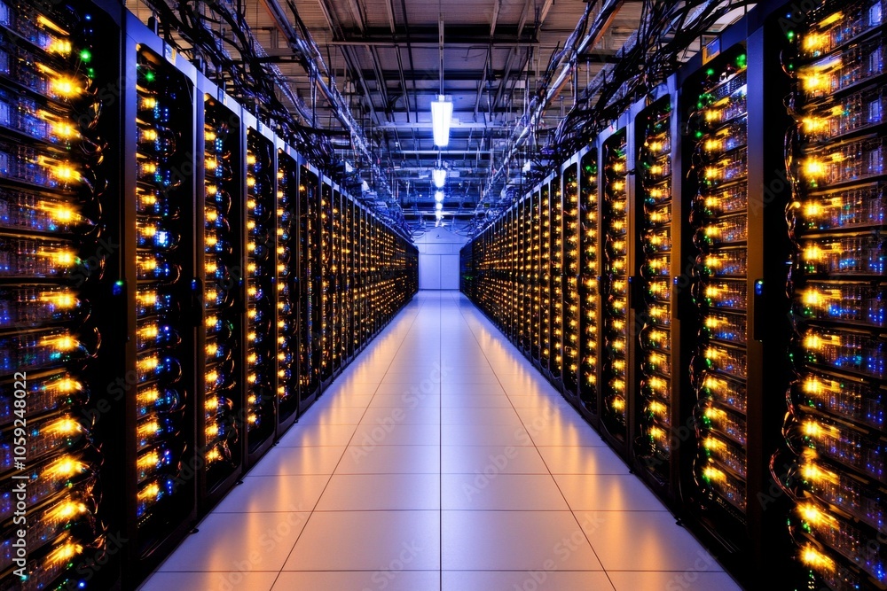 Aufkleber Brightly lit server room with endless rows of organized data racks, capturing the expansive storage and high-tech atmosphere of data warehousing, symbolizing scale and security