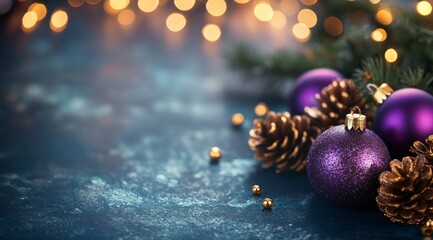 Fototapeta premium Purple ornaments and pinecones on a snowy surface with a blurred festive background