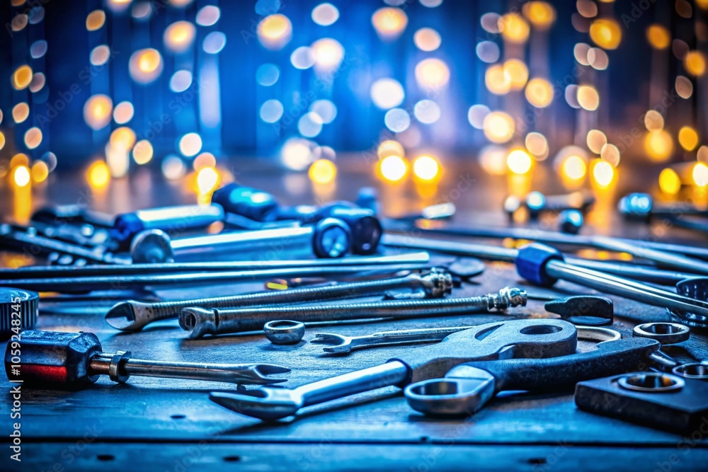 Poster Assorted Wrenches and Tools on a Blue Workbench with Bokeh Effect for Craftsmanship and DIY Projects