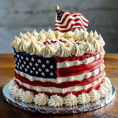 Celebration cake with USA flag colors: white red and blue for national day or election day