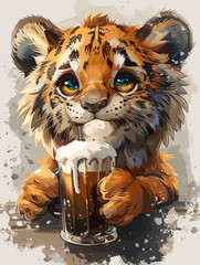 Cute little tiger is holding a glass of beer. The image has a playful and lighthearted mood, as the tiger is depicted as a child enjoying a drink