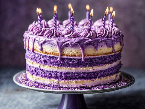 birthday purple cake with glaze and lit candles looking delicious and extravagant 
