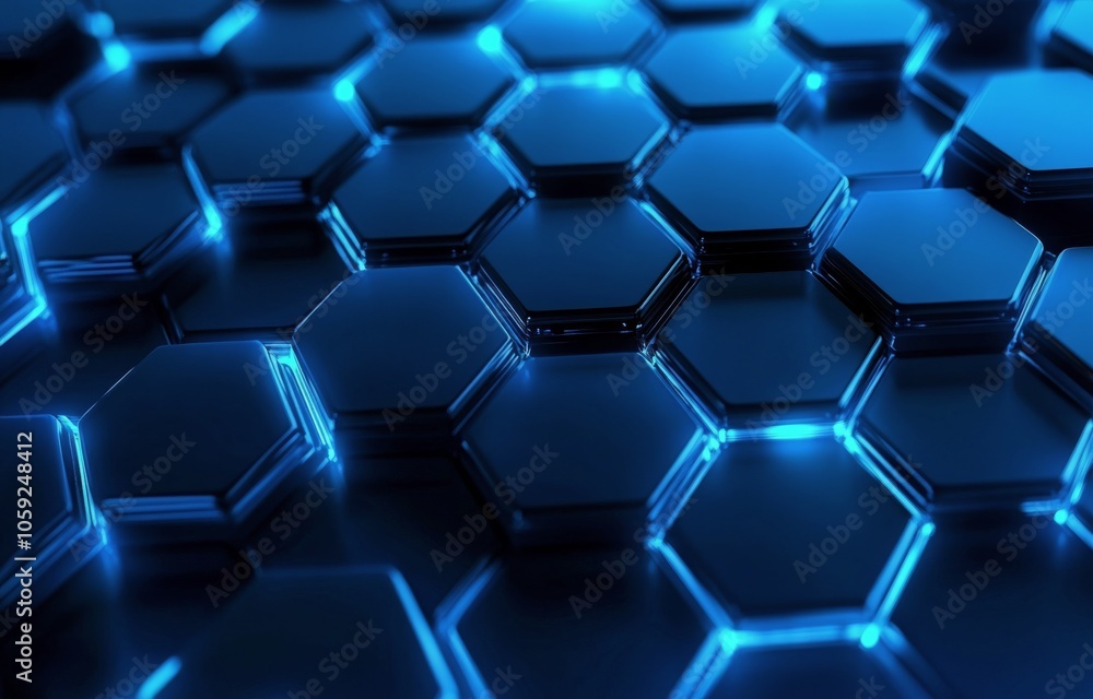 Poster blue hexagonal pattern with glossy surfaces creating a modern design aesthetic at night