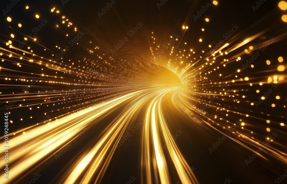 Poster a mesmerizing golden light tunnel creating a sense of depth and movement at twilight