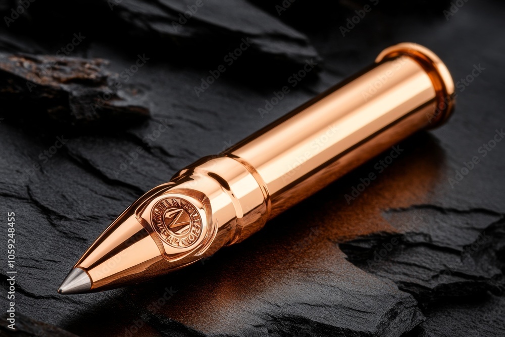 Poster Close-up of a single bullet with a brass casing and precise details, set against a dark background capturing the sleek, metallic surface and craftsmanship, symbolizing strength and precision