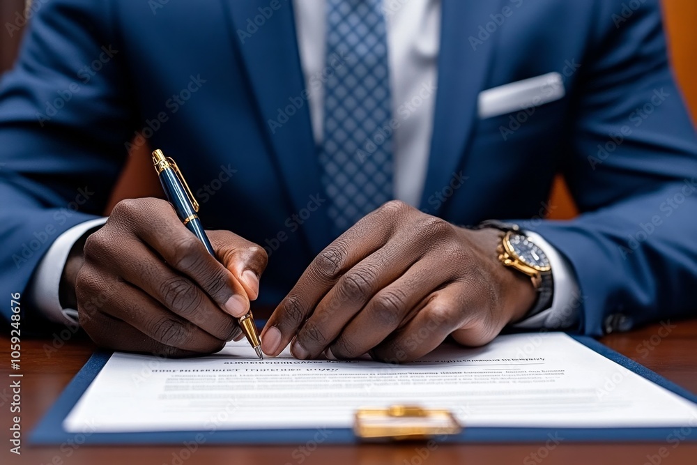 Aufkleber Close-up of investorâ€™s hand signing a bond certificate with interest rates and maturity date, capturing the structured and legally binding nature of bonds, symbolizing formality and precision