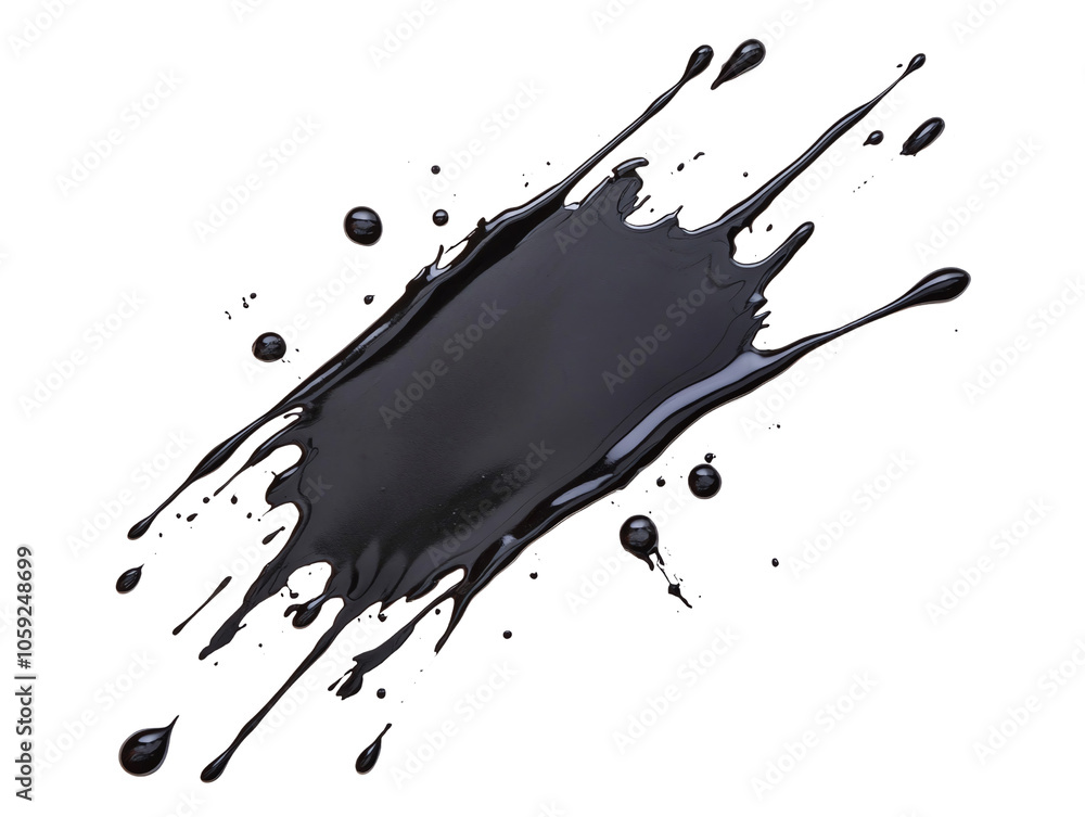 Poster splash of black paint with droplets on transparent background, creating dynamic and artistic effect.