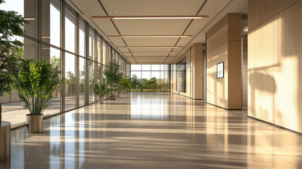 Fototapeta premium A modern office building with an empty hallway. The spacious office has big windows and bright lighting.