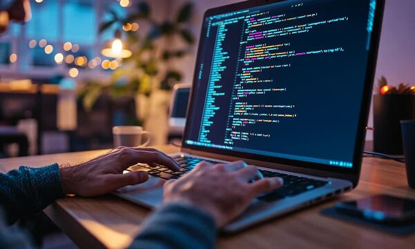 Person's hands typing on a laptop with code displayed on the screen