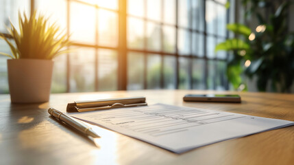 close up view of organized wooden desk with checklist document pen small plant with natural warm sunlight through large windows in professional modern office workspace productivity business planning