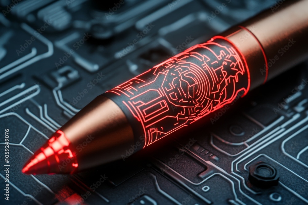 Poster cyberpunk bullet with neon edges and glowing engravings, capturing the futuristic, edgy style of hig
