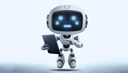 AI robot using tablet while standing facing camera floating or flying isolated white background