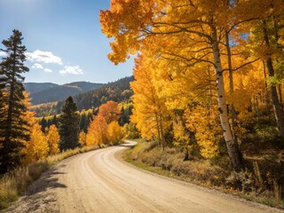 Autumn Fashion Photography on a Rural Sandy Road with Sunlit Forest Background