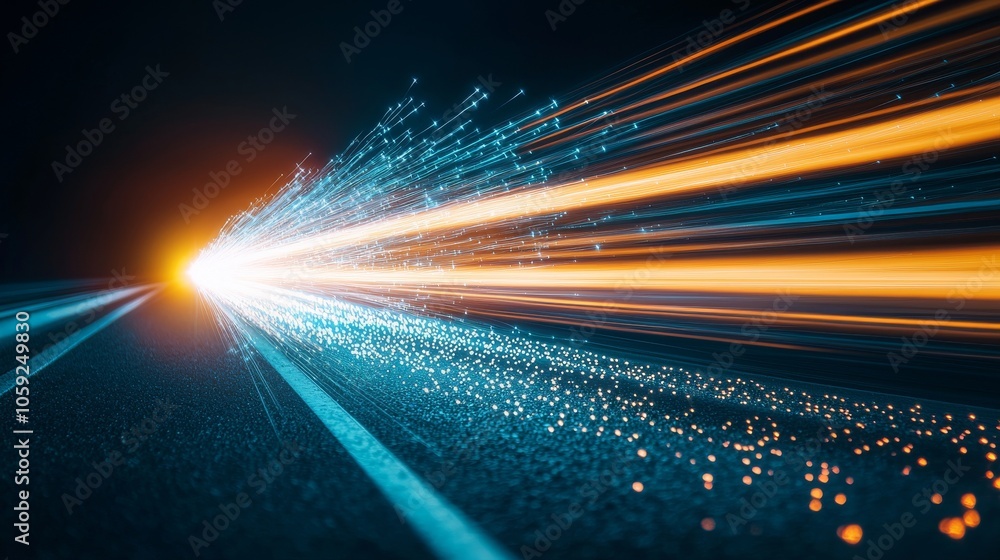 Poster various colored light trails are visible on a curve of a highway at night to show motion and speed