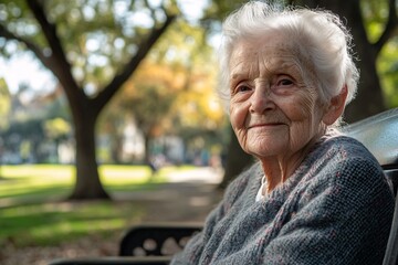 An elderly person with a wrinkled face and kind eyes, sitting on a park bench with dappled sunlight through trees 5