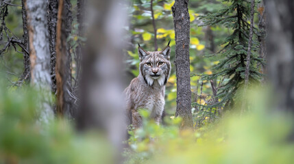 A Canadian lynx is hiding in the forest. It's sitting and looking right at the camera. The photo was taken in Whitehorse, Yukon, Canada.