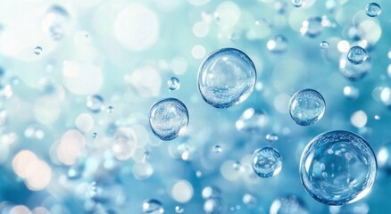 Translucent water droplets create a serene background with shimmering highlights in blue tones