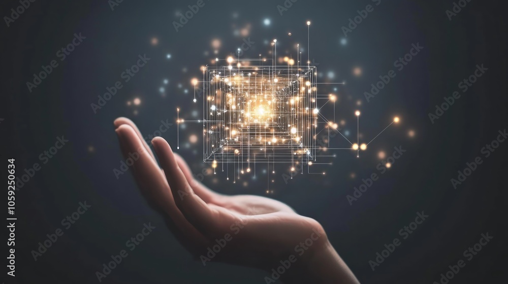 Poster a hand holding a glowing digital network of lines and points in a dark background.