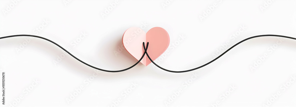 Poster minimalist line art vector illustration of two pink paper hearts connected by a single black thin st