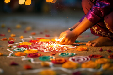Obraz premium Making a rangoli pattern, a Diwali tradition celebrating creativity.